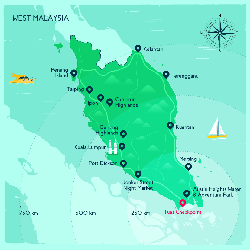 Map showing interesting places in Malaysia, with distance from Singapore shown.